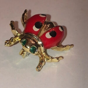 Vintage Gold Tone Red Enamel CZ Rhinestone Lady Bug Scatter Brooch Shoulder Pin